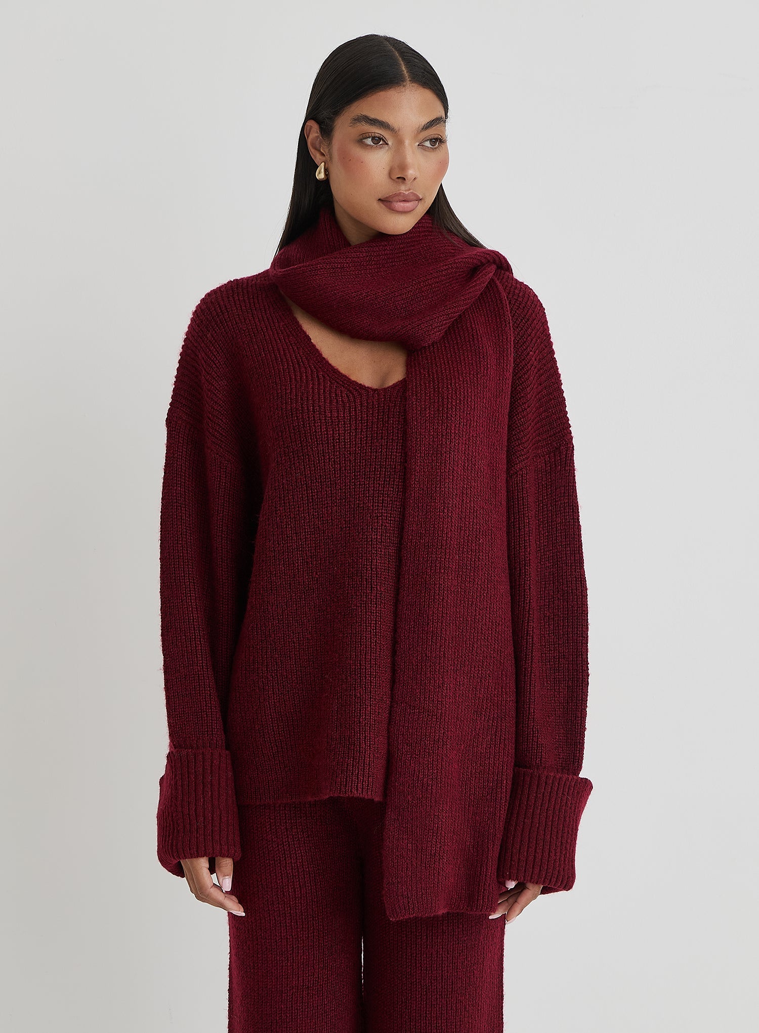 Burgundy Slouchy Knitted Jumper With Scarf