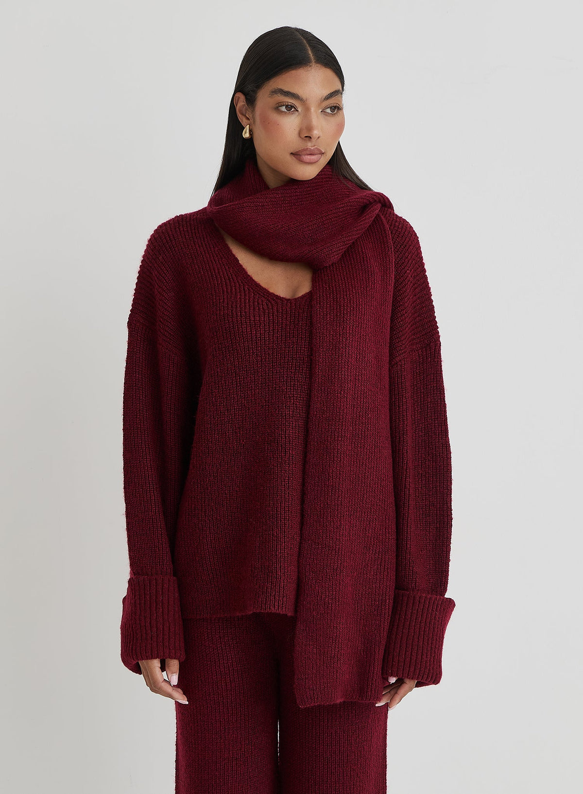 Burgundy Slouchy Knitted Jumper With Scarf