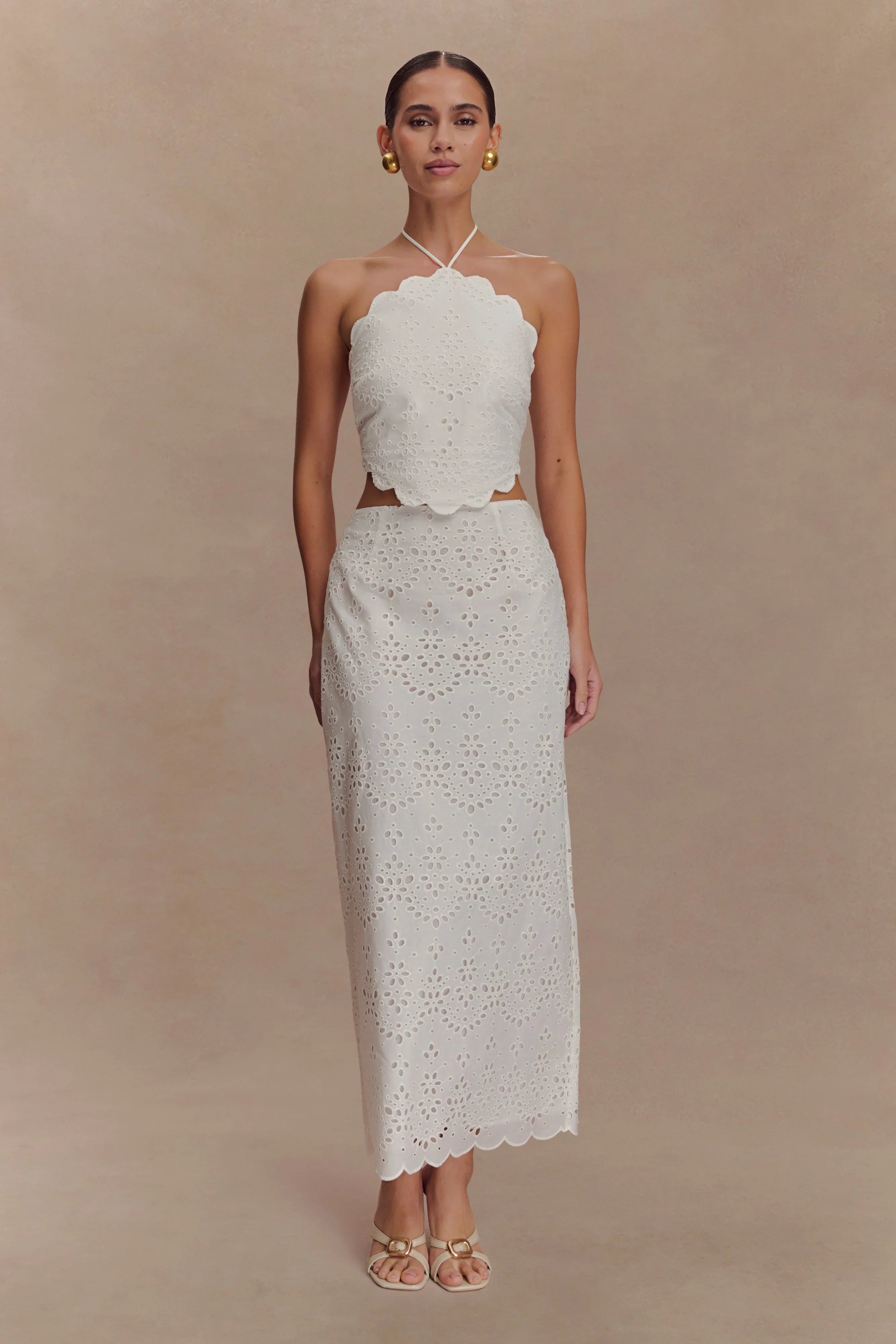 Kensley Broderie Midi Skirt White