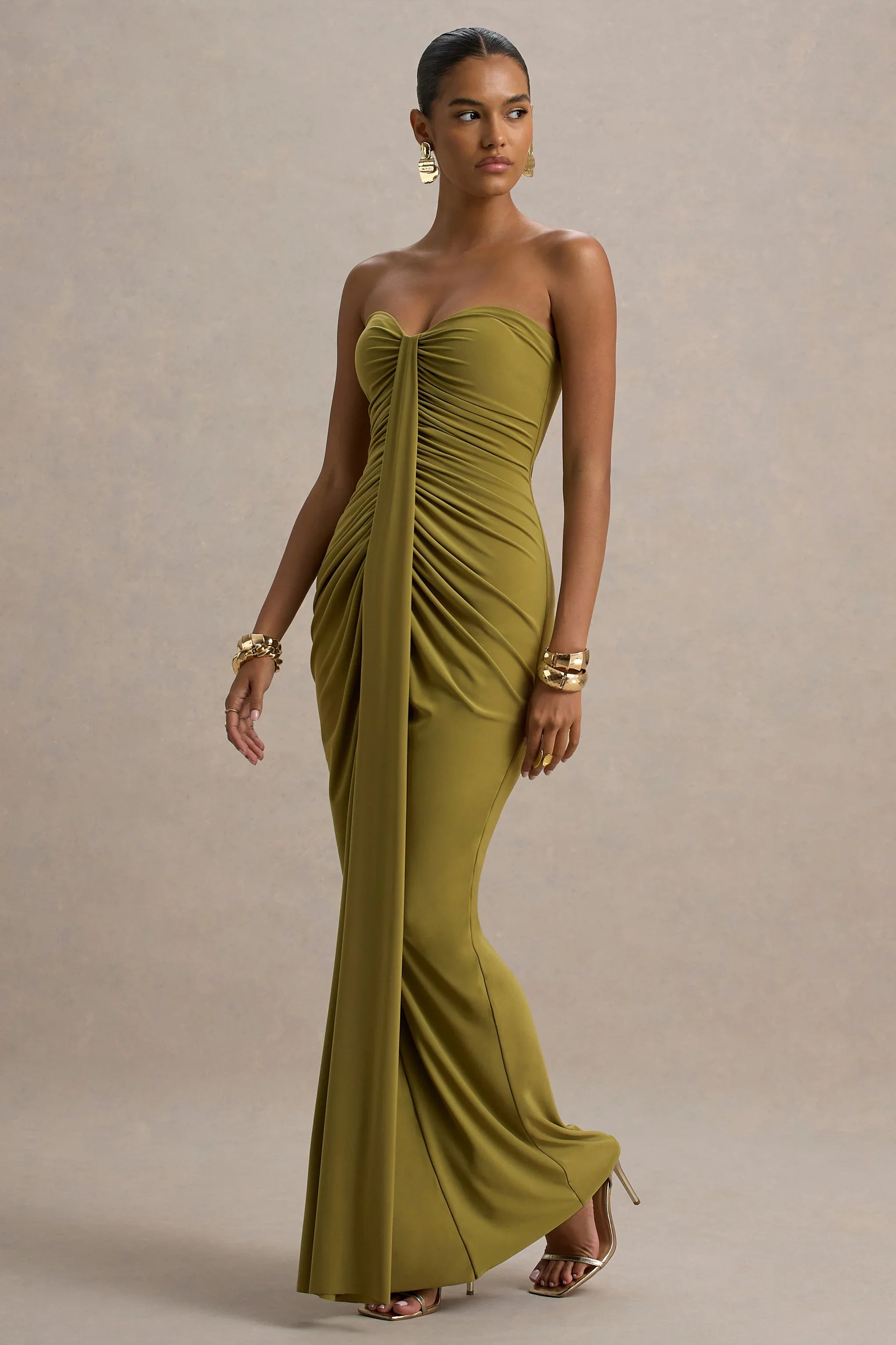 Ali Olive Sweetheart Ruched Wrap Maxi Dress