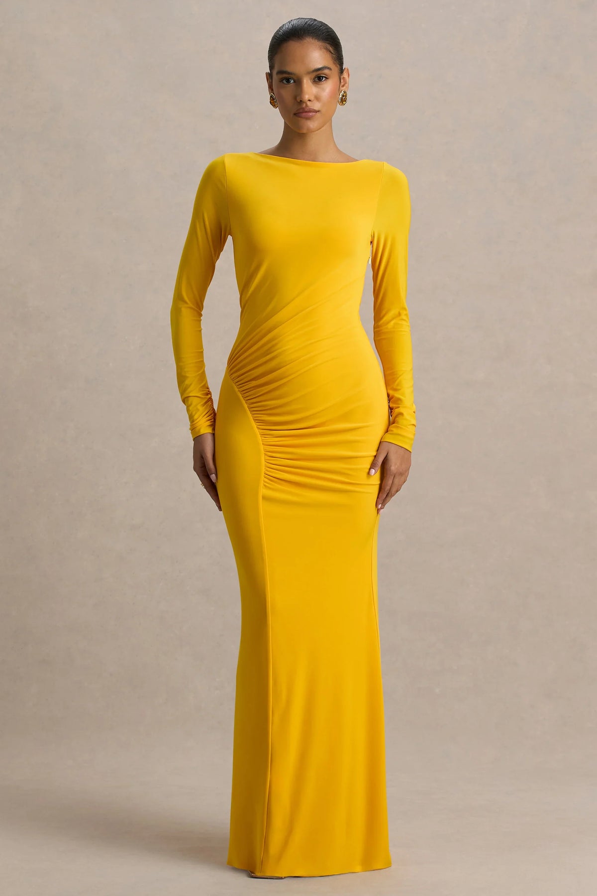 Diva Yellow Slashed Neck Maxi Dress With Ruched Detailing