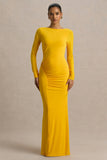Diva Yellow Slashed Neck Maxi Dress With Ruched Detailing