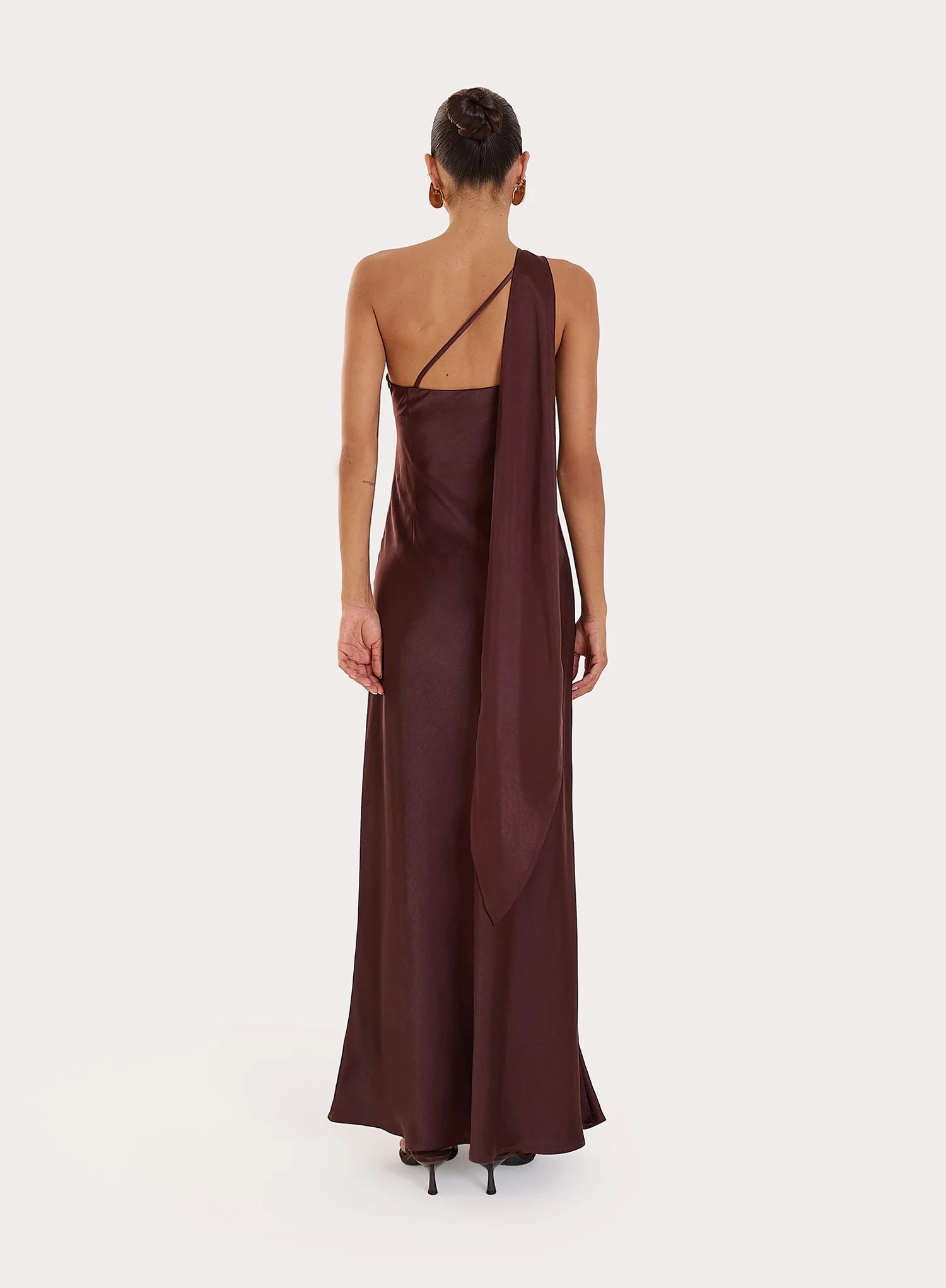 Chocolate Satin One Shoulder Maxi Dress