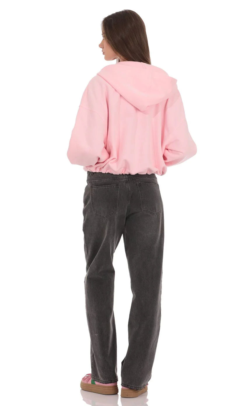 Cropped Fleece Zip Up Hoodie in Pink