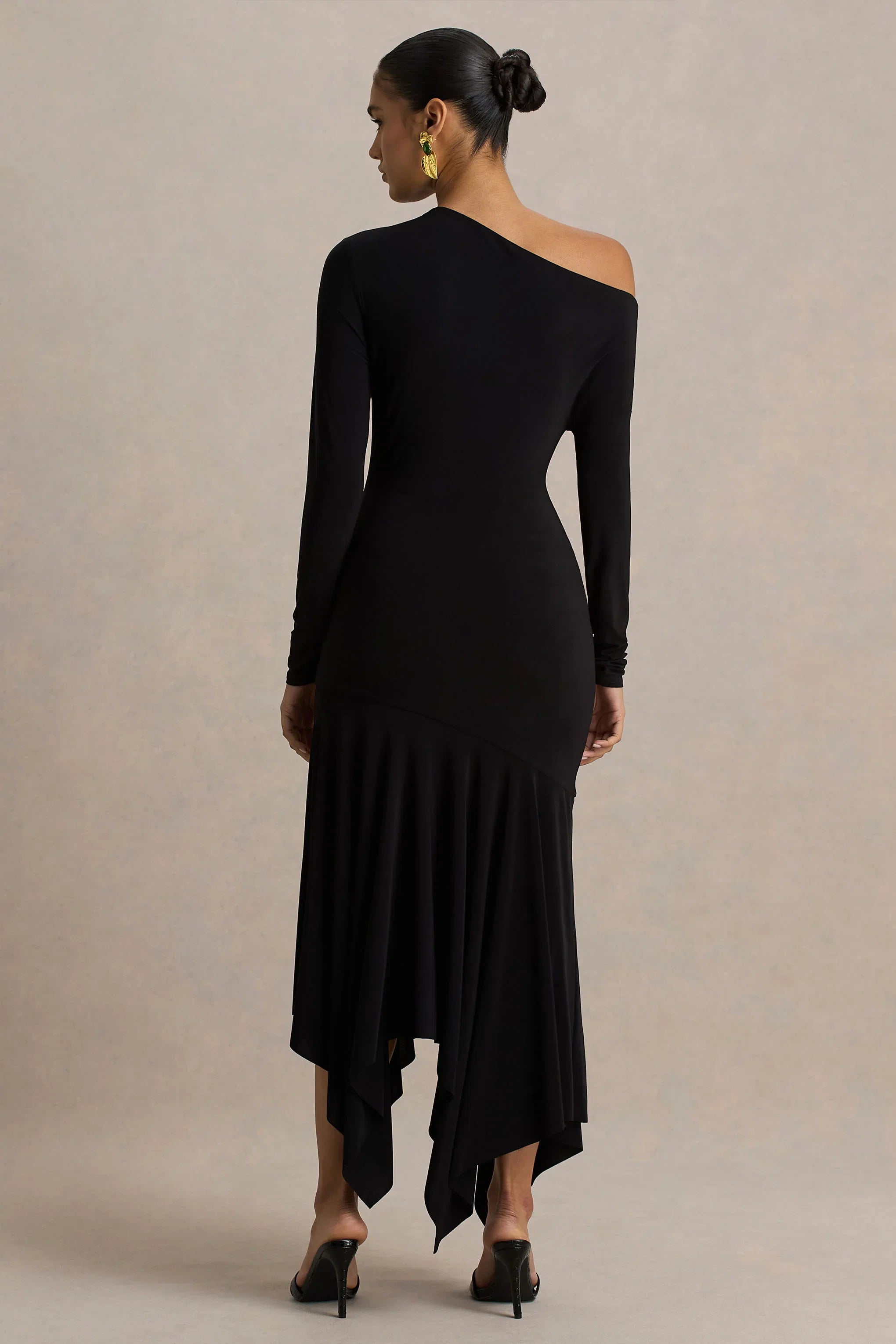 Isola Black Asymmetric Neck Midi Dress With Hanky Hem