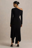 Isola Black Asymmetric Neck Midi Dress With Hanky Hem