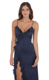 Ruffle V Neck Maxi Dress in Navy