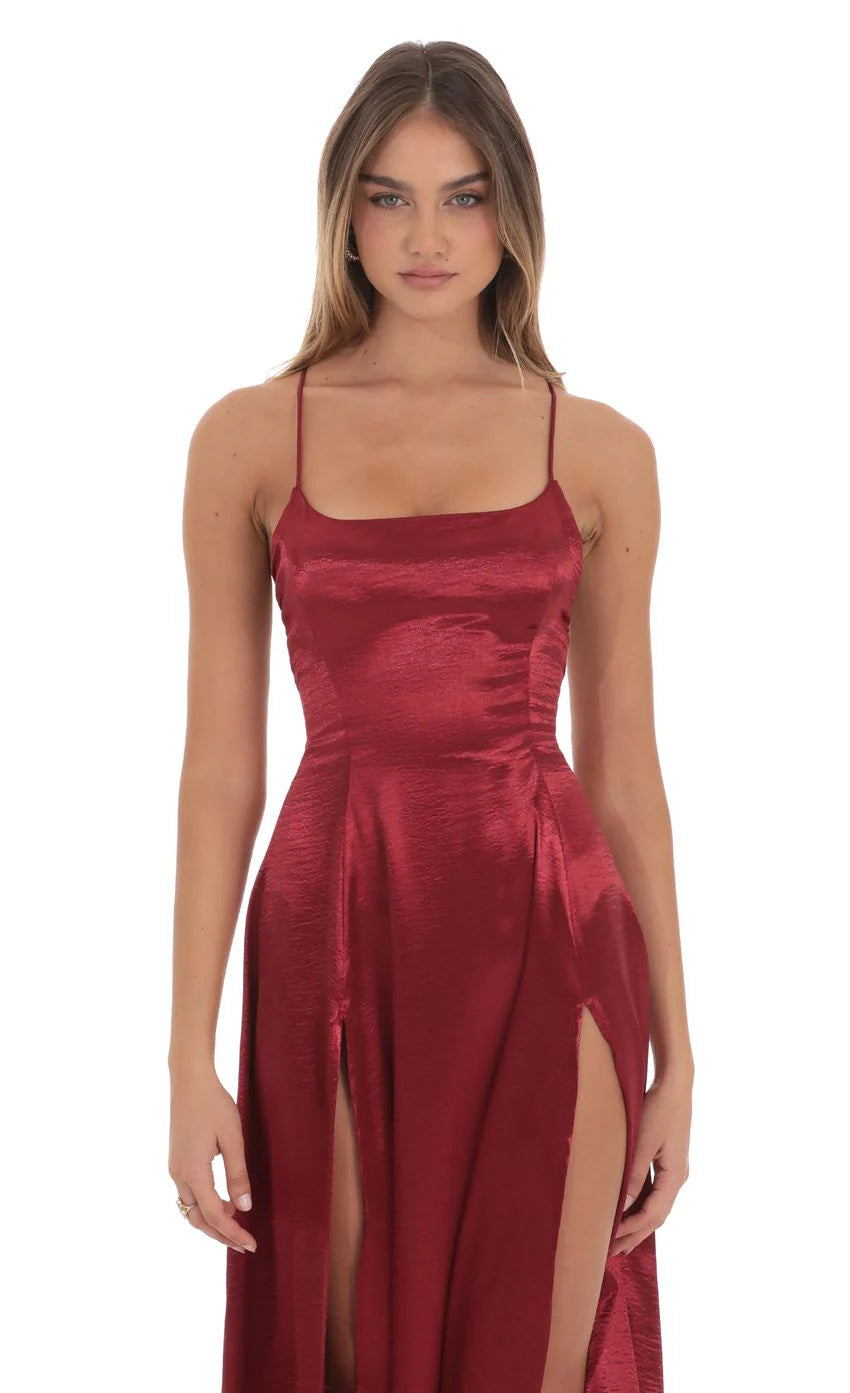 Satin Double Slit Maxi Dress in Deep Red
