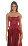 Satin Double Slit Maxi Dress in Deep Red