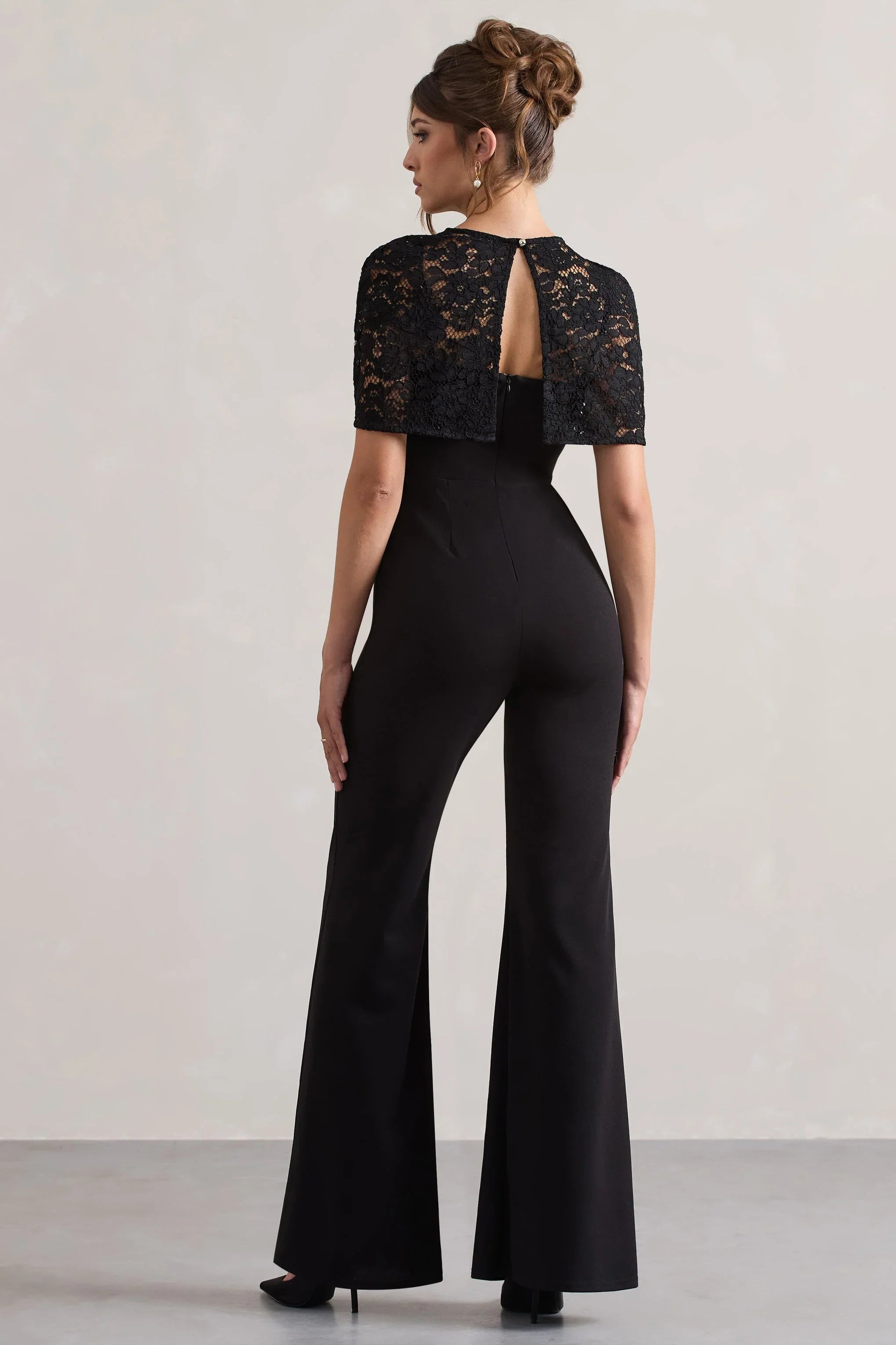 Endless Black Flared Leg Jumpsuit With Lace Overlay