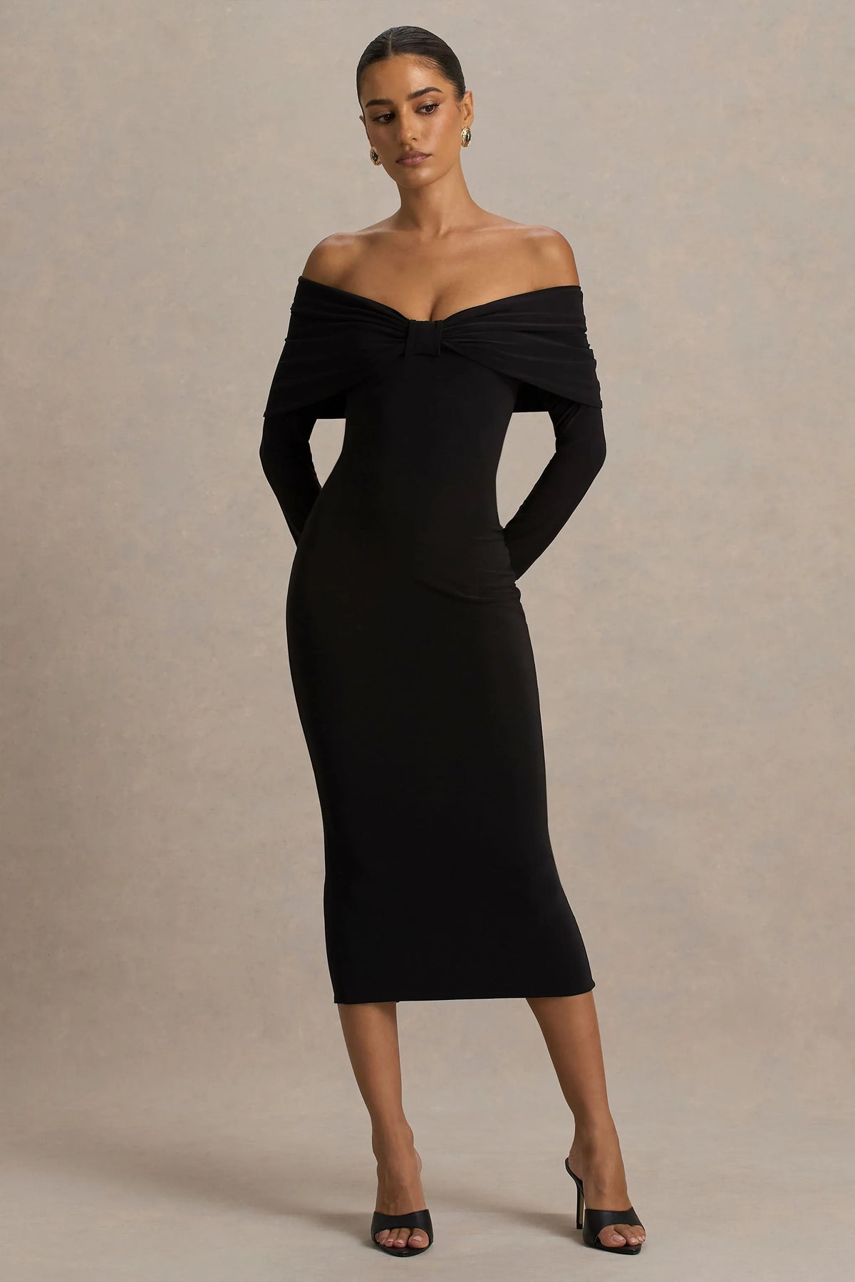 Spark Black Bardot Neck Midi Dress With Bow Detail