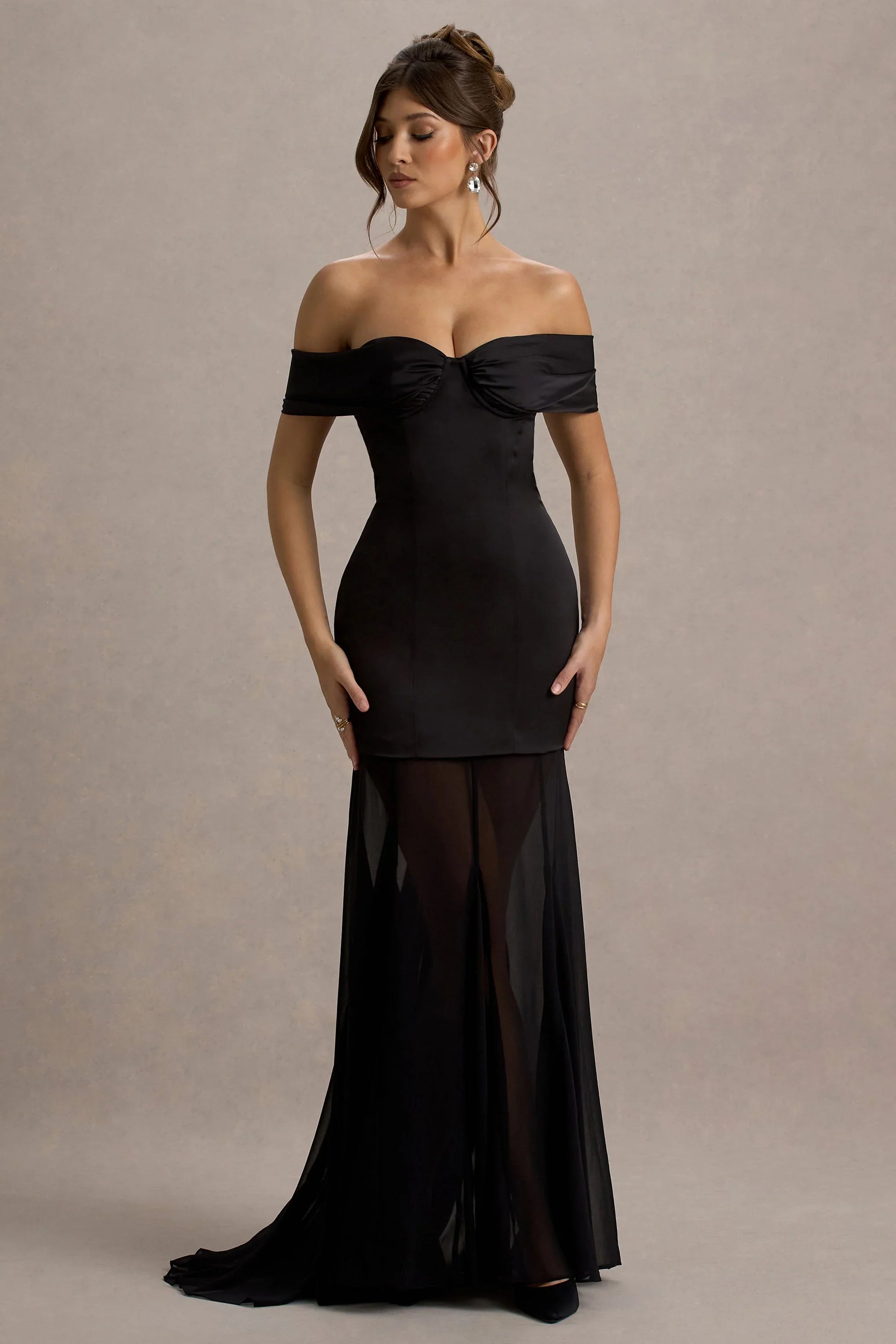 Anders Black Satin Bardot Maxi Dress With Sheer Skirt