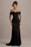 Anders Black Satin Bardot Maxi Dress With Sheer Skirt