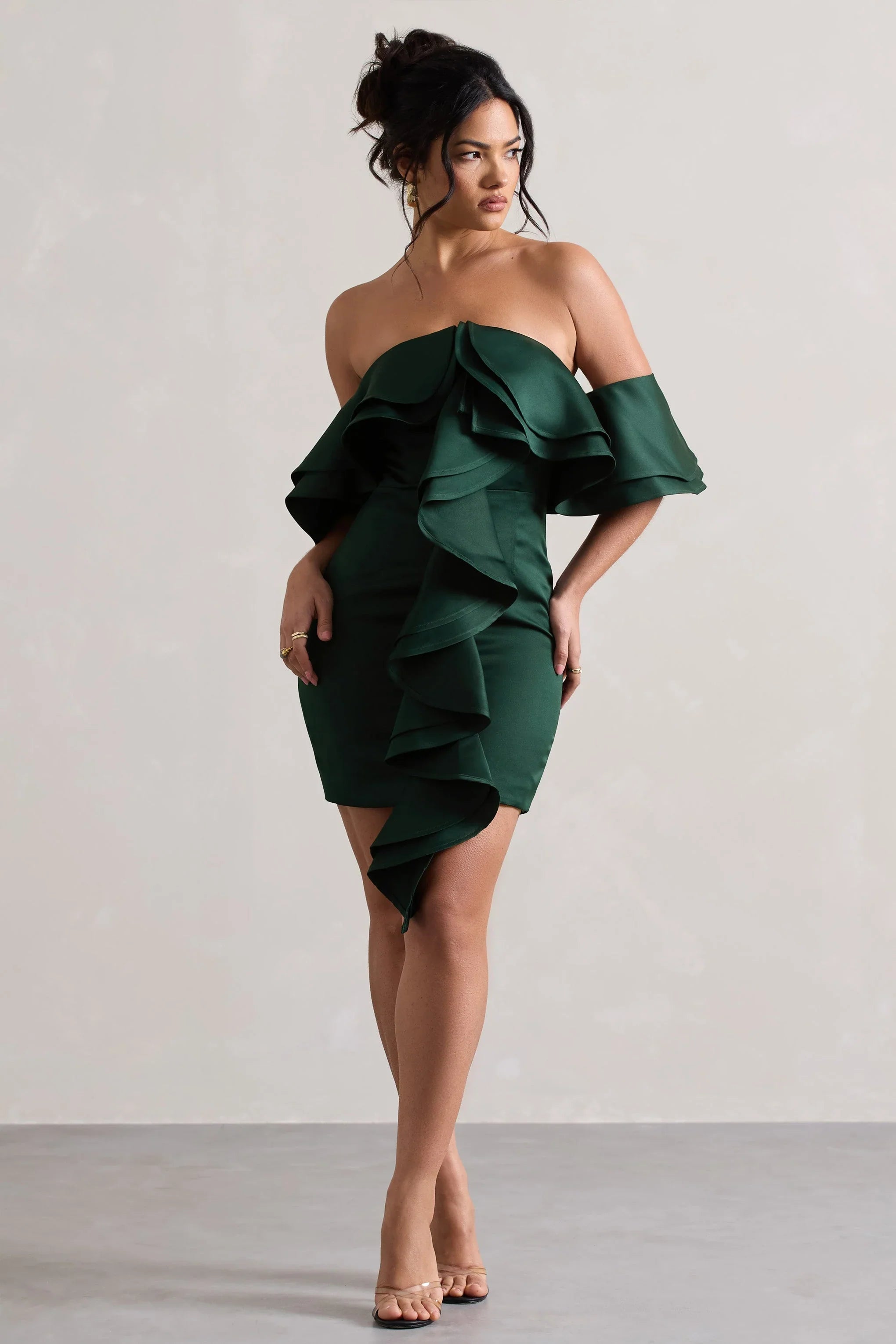 Aspen Bottle Green Bardot Mini Dress With Ruffles