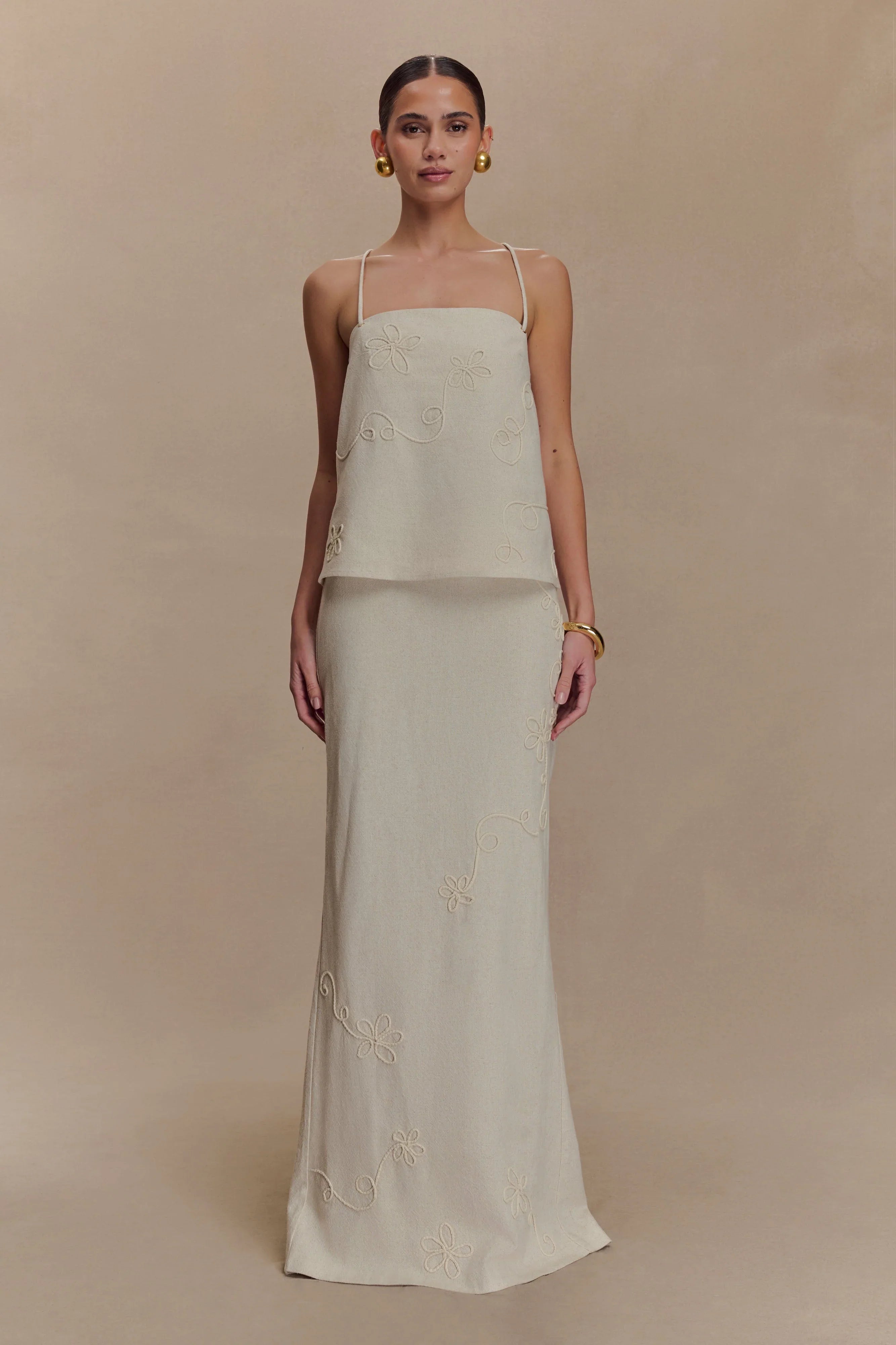 Casey Linen Embroidered Maxi Skirt Natural
