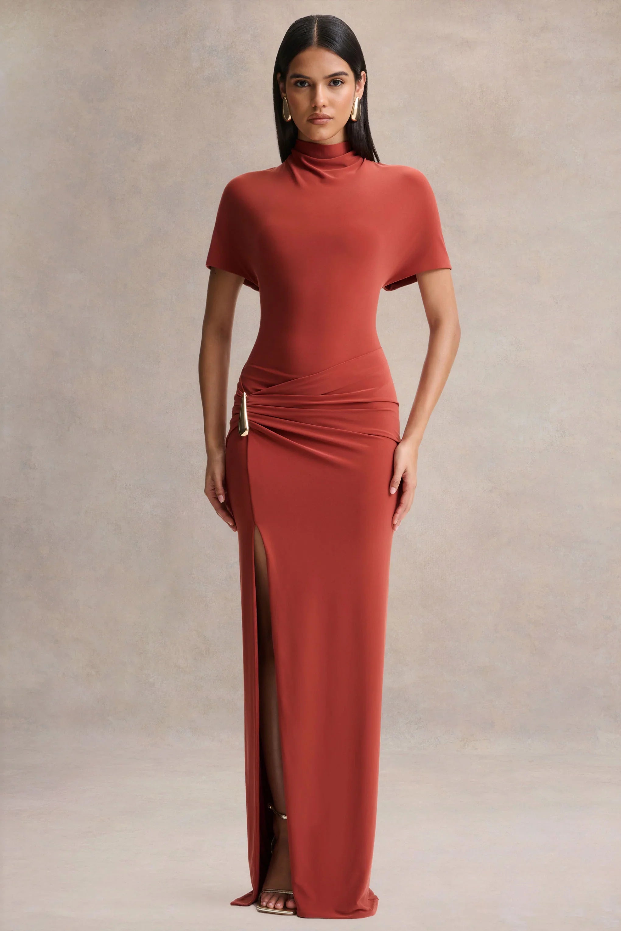 Arlena Rust High Neck Wrapped Maxi Dress