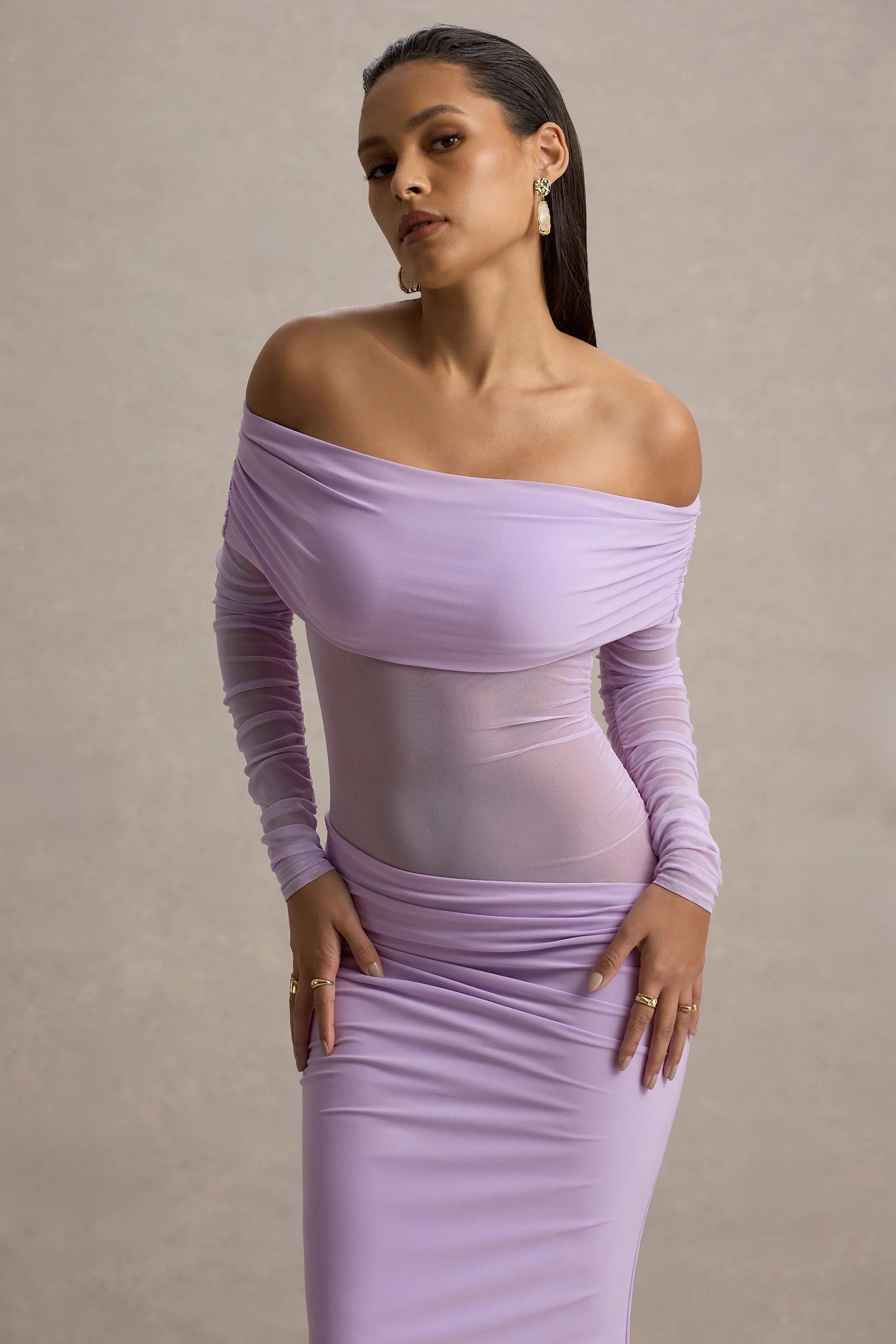 Belamour Lavender Semi Sheer Bardot Gathered Maxi Dress
