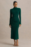 Cassandra Bottle Green High Neck Long Sleeve Midi Dress