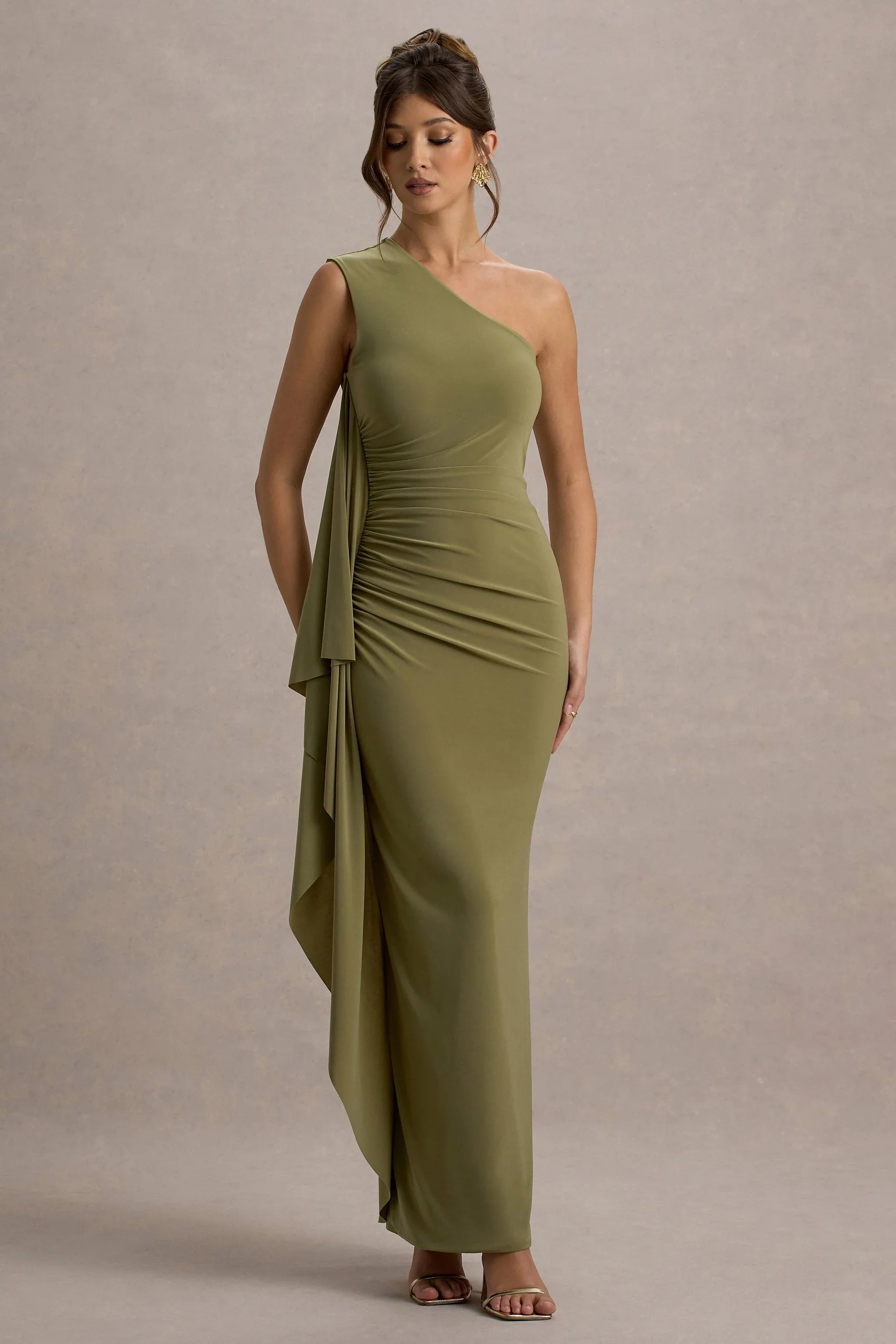 Adelina Olive One Shoulder Maxi Dress With Drape