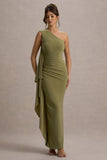 Adelina Olive One Shoulder Maxi Dress With Drape