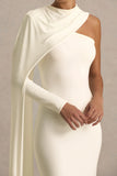 Dawn Cream High Neck Maxi Dress With One Long Cape Sleeve