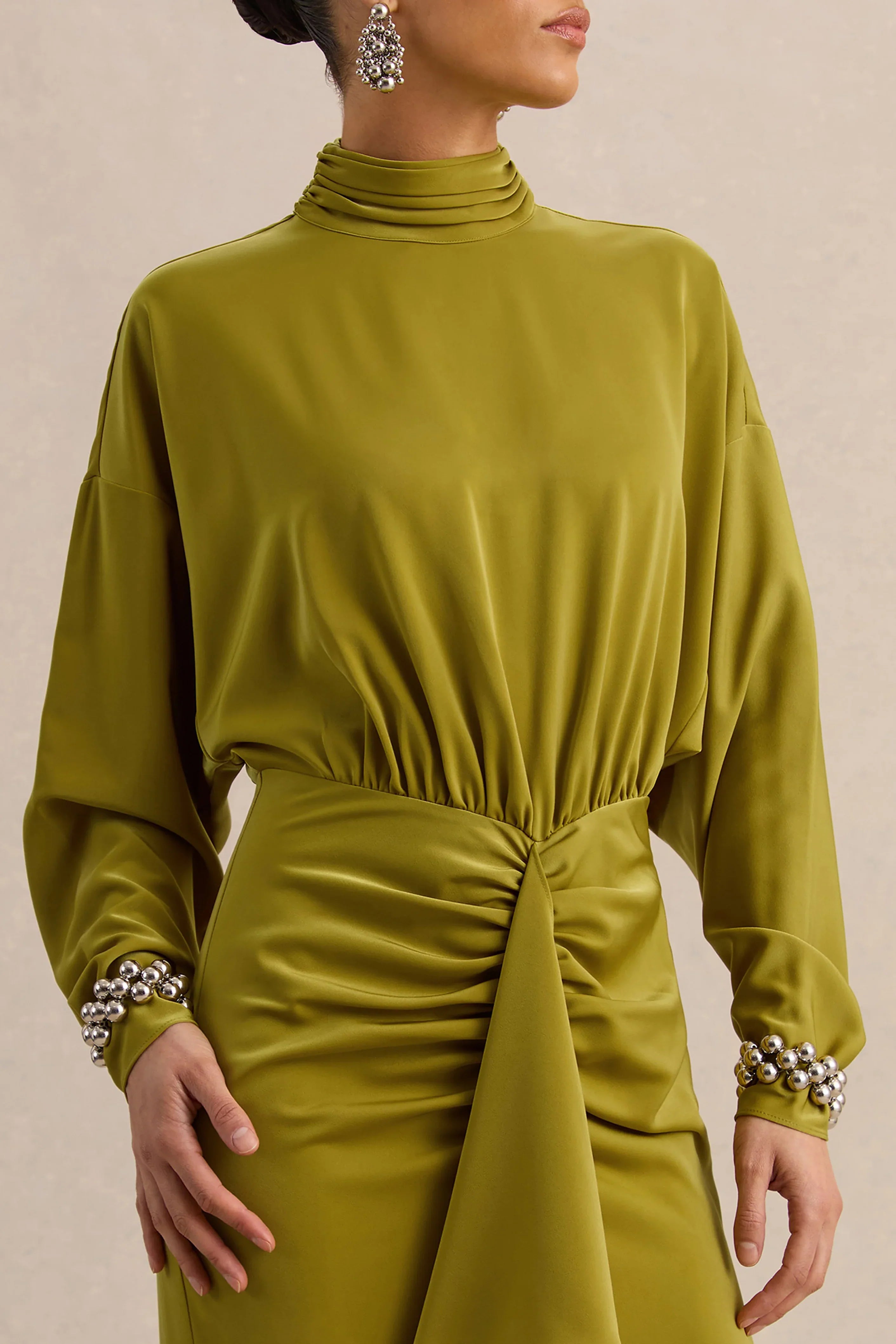 Perla Olive High Neck Maxi Dress With Gathered Detailing