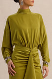 Perla Olive High Neck Maxi Dress With Gathered Detailing
