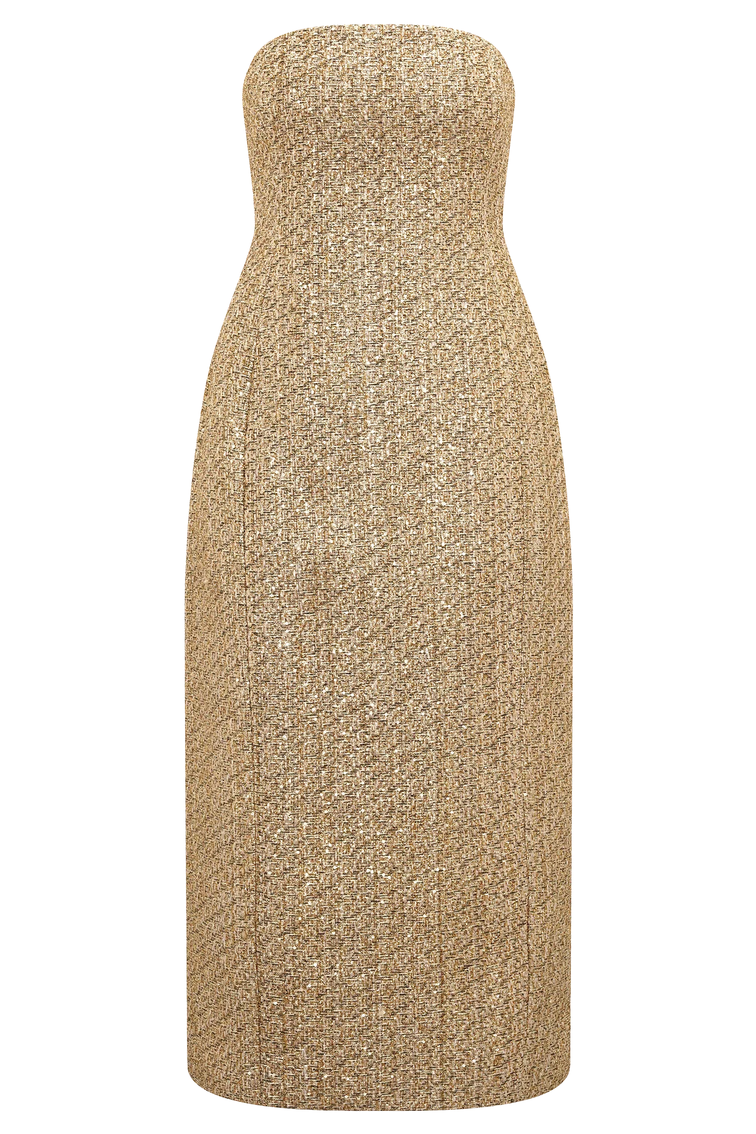 Gala Strapless Tweed Midi Dress Gold