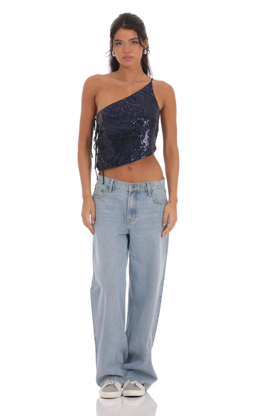 Sequin One Shoulder Tie Top in Navy