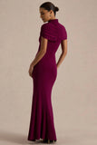 Azaria Burgundy High Neck Maxi Dress With Ruched Detailing