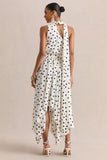 Caluna White And Black Polka Dot Satin Asymmetric Neck Midi Dress With Scarf Detail