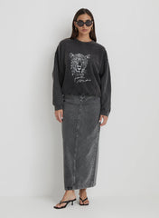 Black Acid Wash Leopard Motif Oversized Sweatshirt