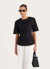 Black Shoulder Pad Cinched Waist T Shirt