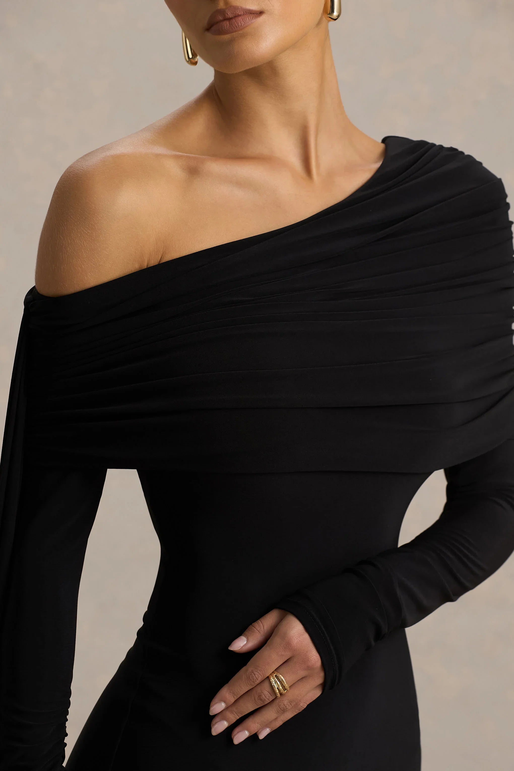 Octavia Black Bardot Neck Maxi Dress With Cape And Ruched Detailing