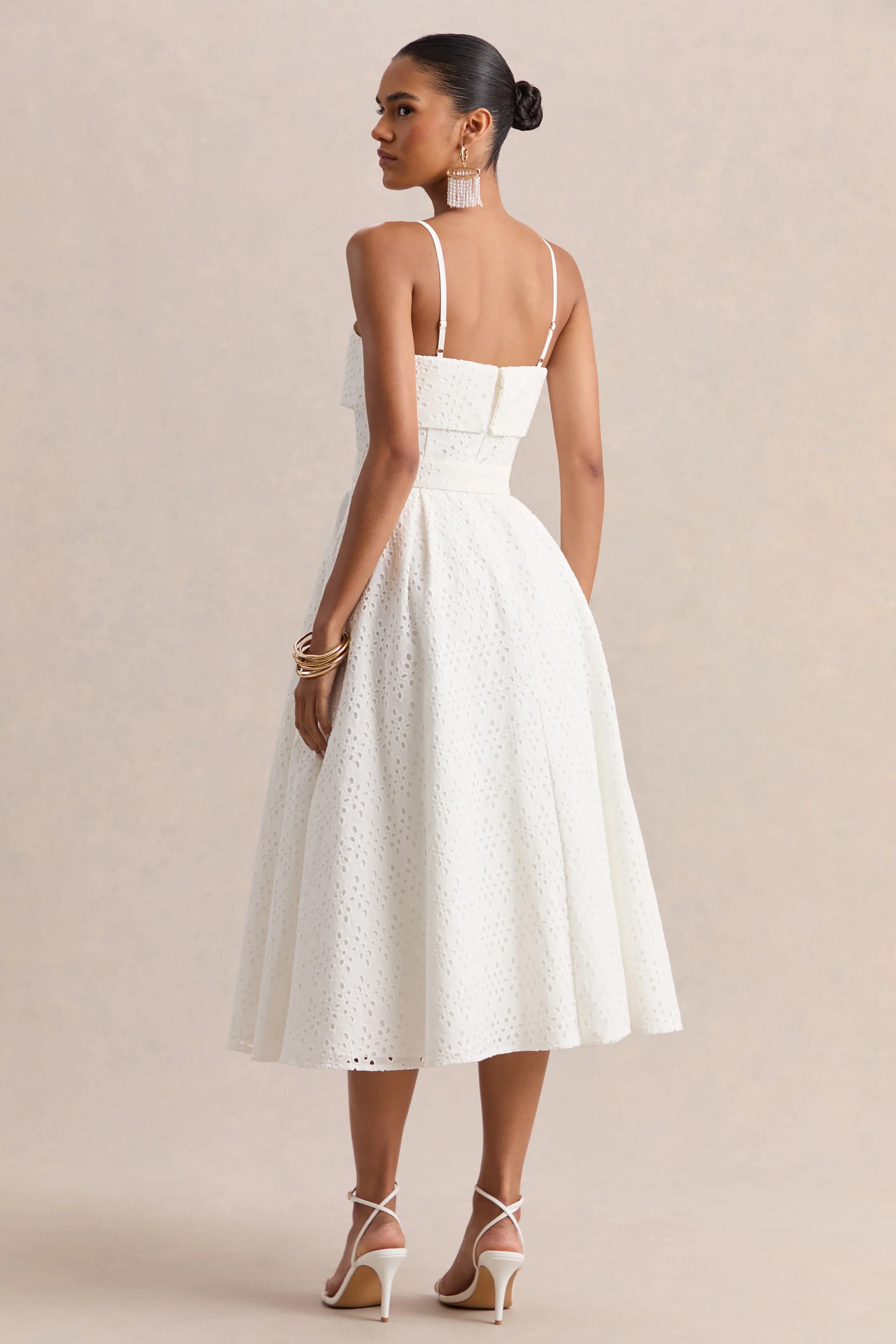 Zoeva Cream Broderie Square Neck Belted Midi Dress