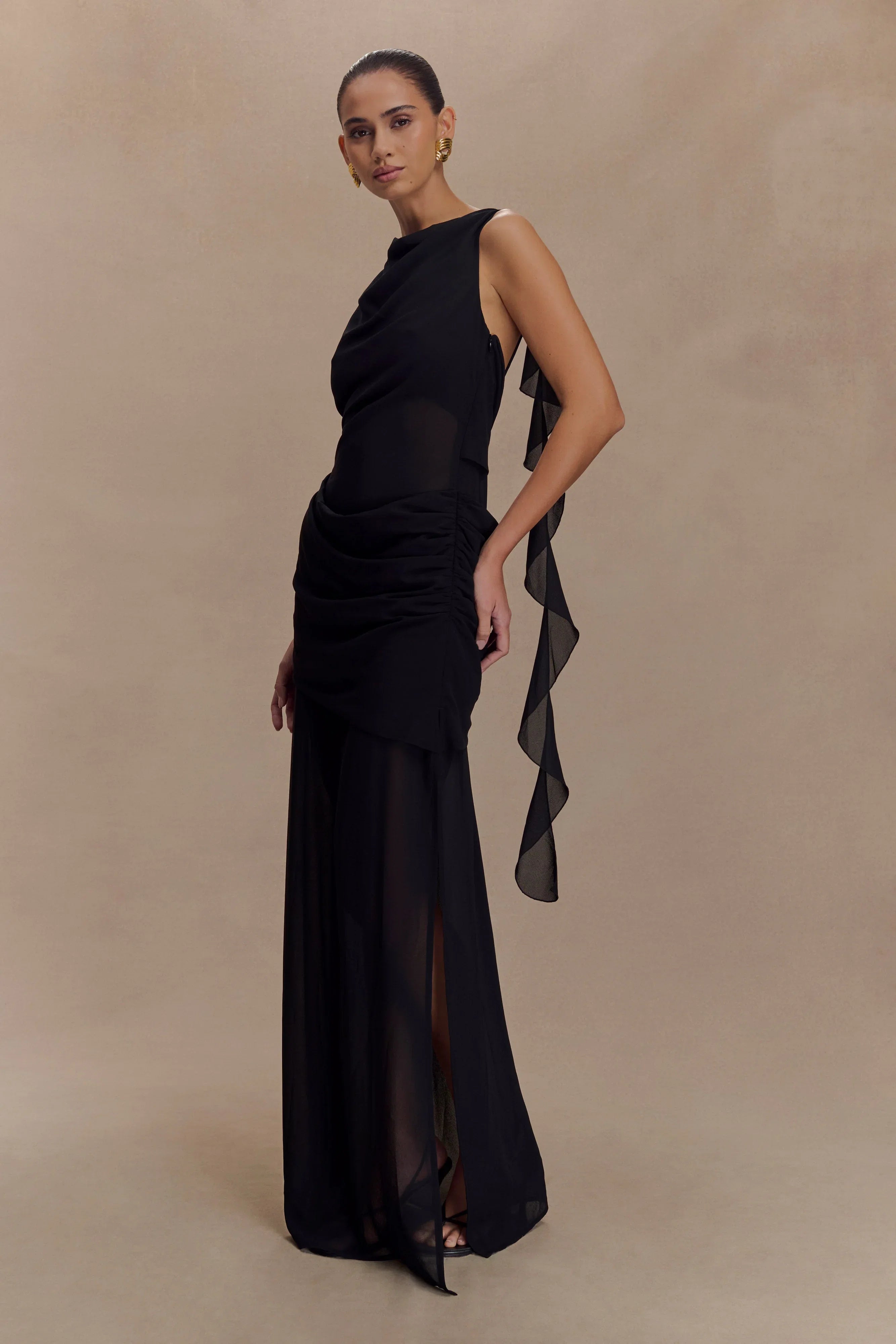 Daria Draped Chiffon Maxi Dress Black