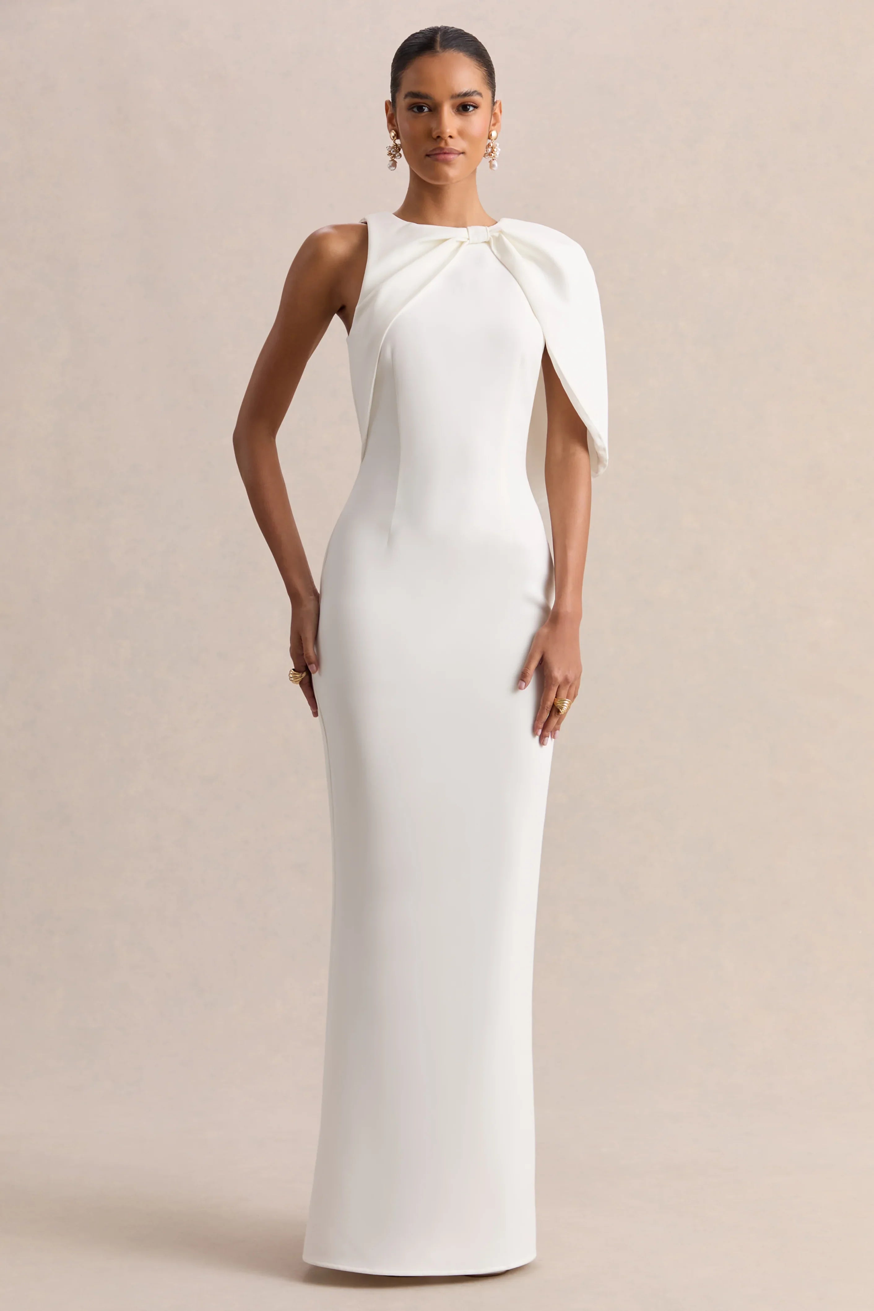 Quira White Asymmetric Neck Maxi Dress With Cape Sleeve