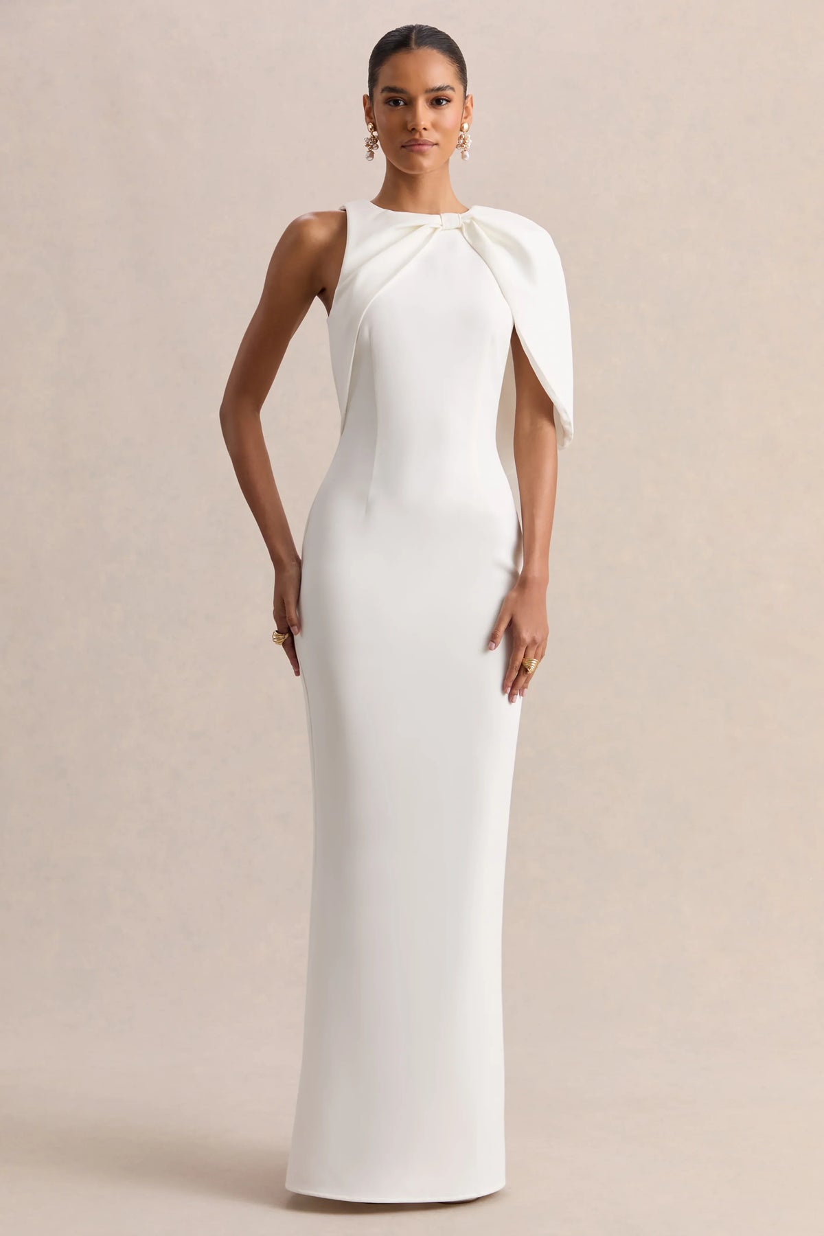 Quira White Asymmetric Neck Maxi Dress With Cape Sleeve