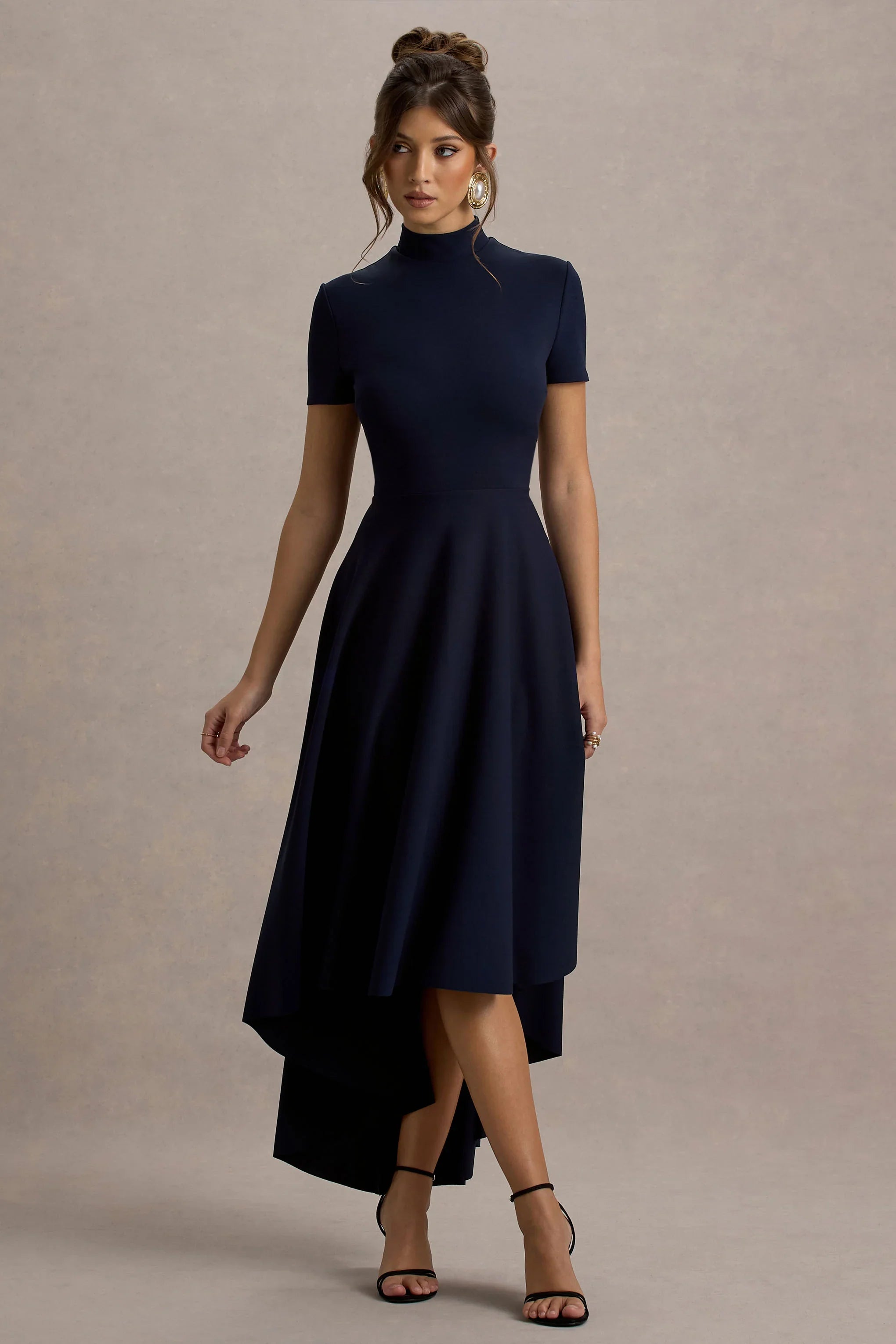 Bellona Navy High Neck High Low Midi Dress