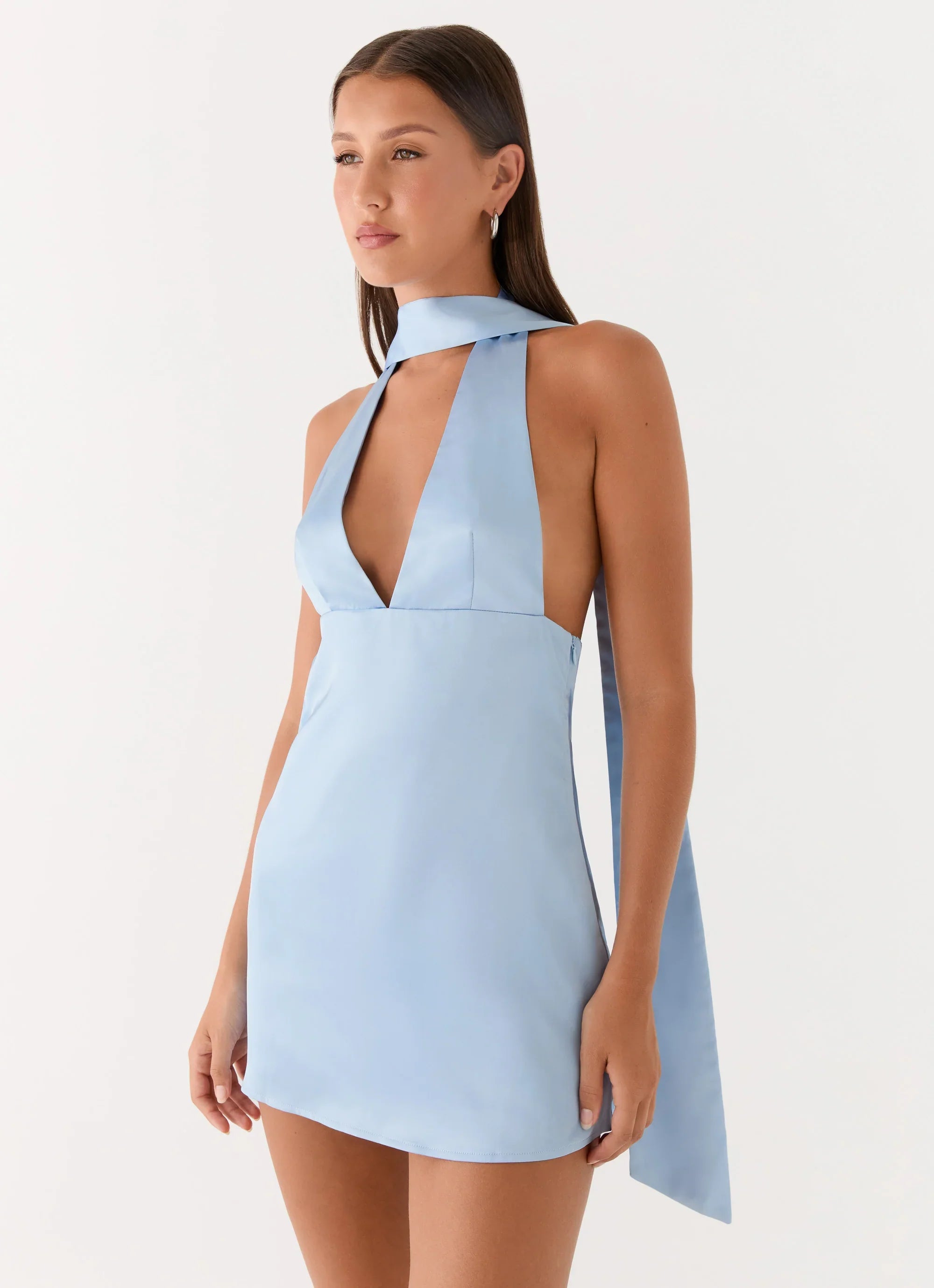 Alicia Satin Halter Mini Dress Pale Blue