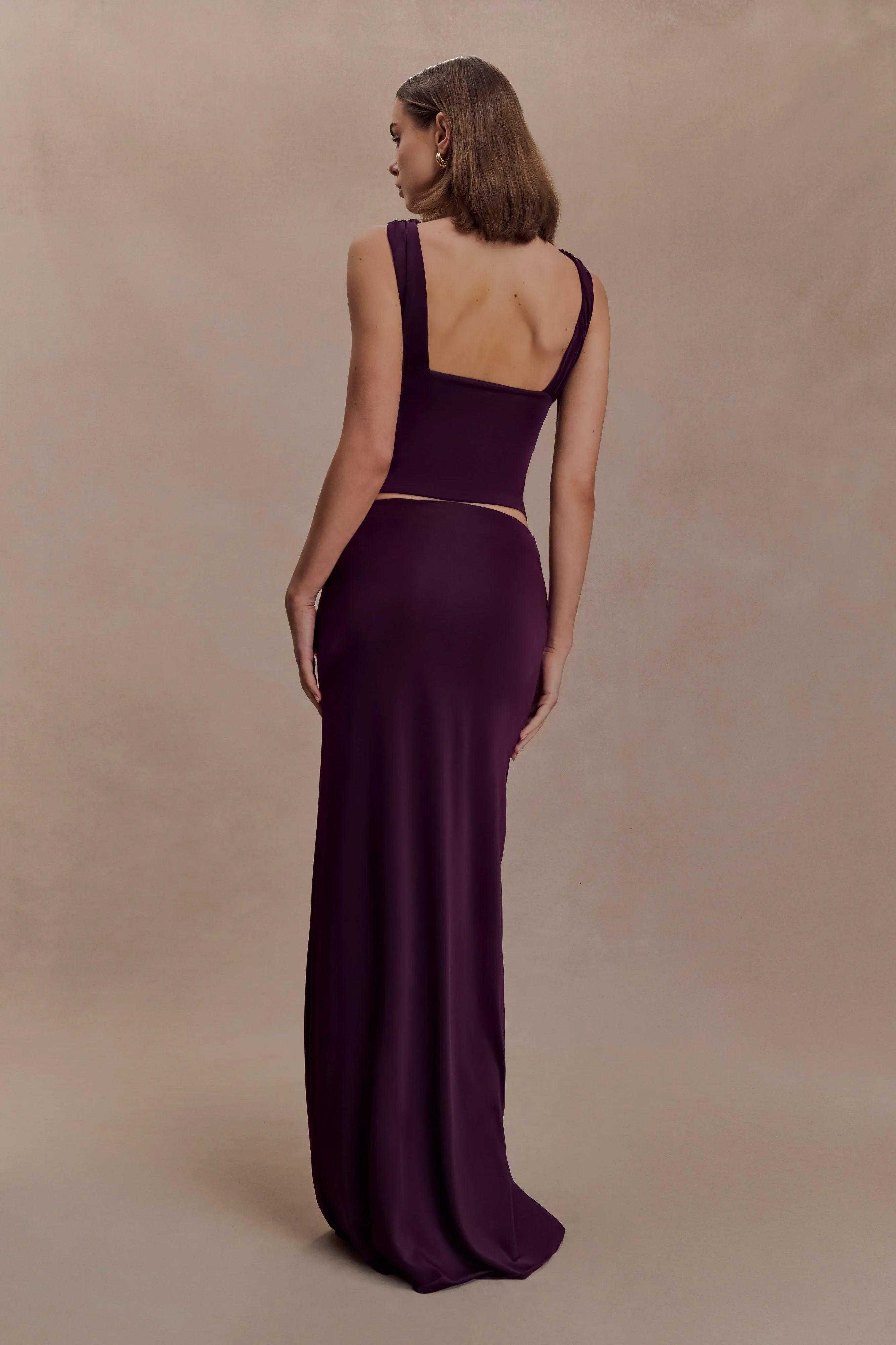 Erina Slinky Ruched Maxi Skirt With Hardware Aubergine