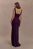 Erina Slinky Ruched Maxi Skirt With Hardware Aubergine