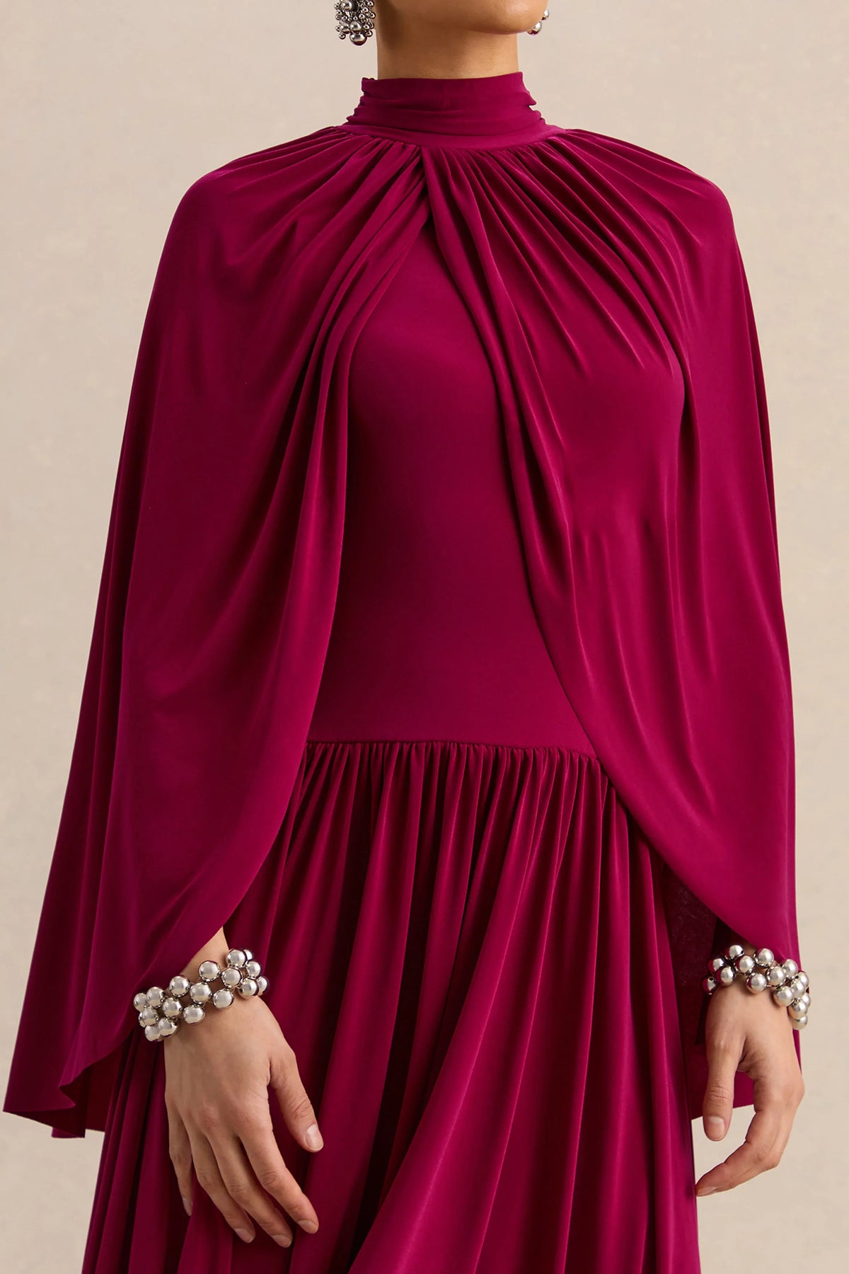 Honora Burgundy High Neck Midi Dress With Cape Sleeves