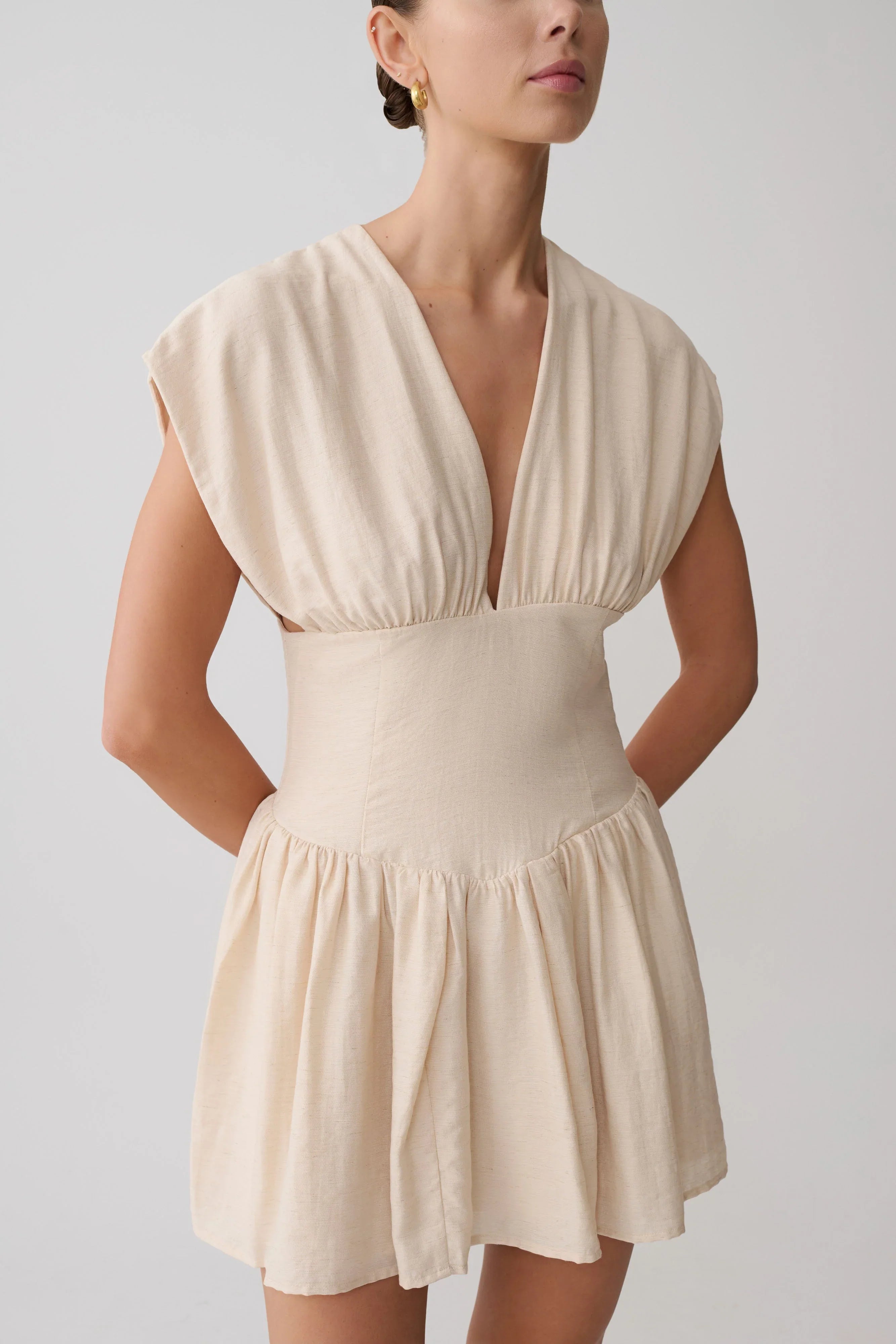 Arabella Cinched Waist Linen Mini Dress Natural