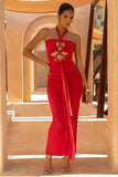 Erin Red Halter Neck Maxi Dress With Cut Out Detail
