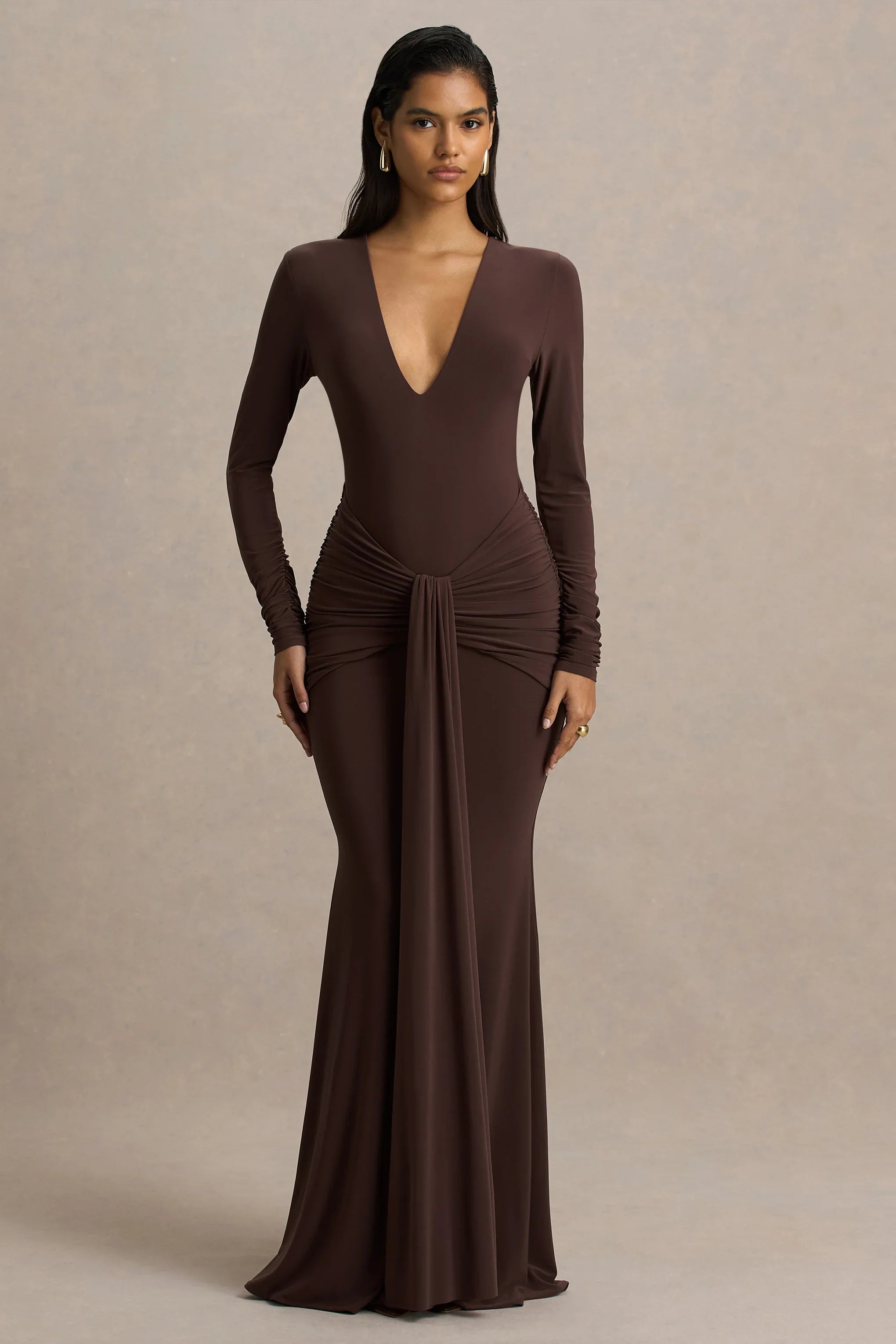 Saffie Chocolate Extreme Plunge Wrap Maxi Dress With Long Sleeves And Ruched Detailing