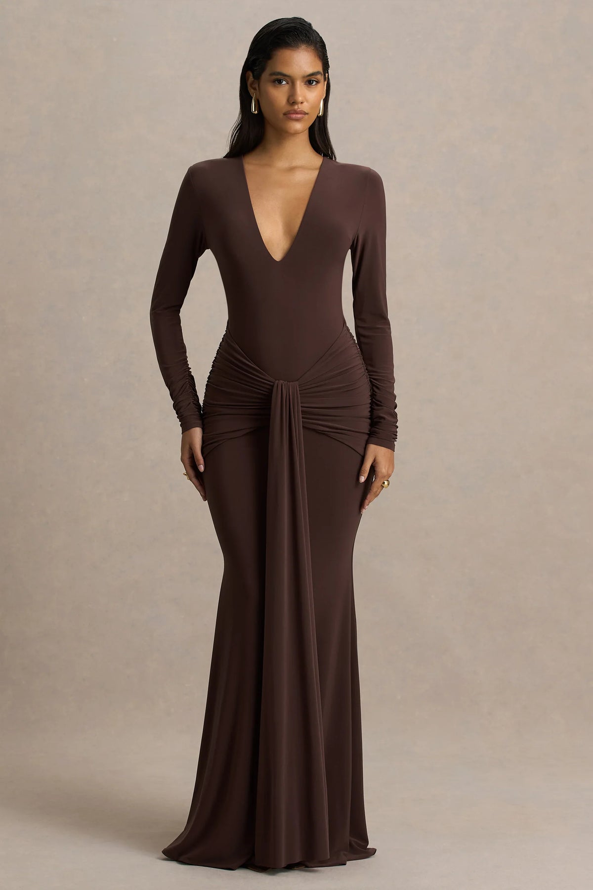 Saffie Chocolate Extreme Plunge Wrap Maxi Dress With Long Sleeves And Ruched Detailing