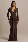 Saffie Chocolate Extreme Plunge Wrap Maxi Dress With Long Sleeves And Ruched Detailing