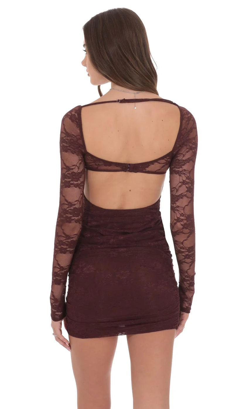 Lace Long Sleeve Bodycon Dress in Brown