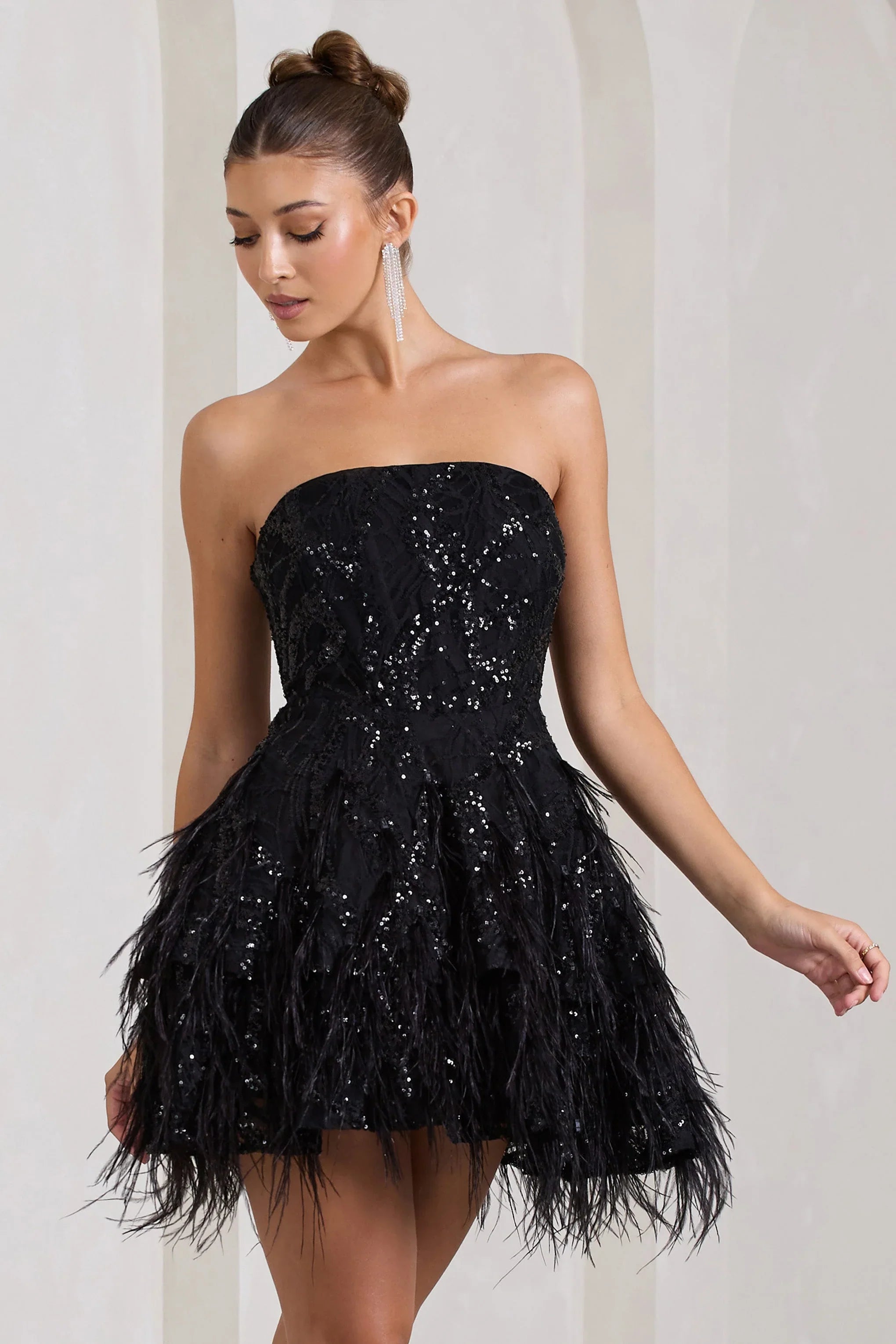 Little Wish Black Sequin Lace Strapless Mini Dress With Feathers